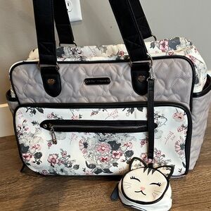 Betsey Johnson Floral Diaper Bag with Cat Pouch - Gray and Black HTF